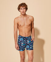 Men Stretch Short Swim Trunks Hermit Crabs Navy front worn view