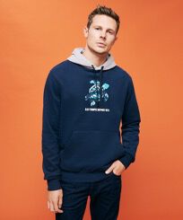 Requins 3D Kapuzenpullover aus Baumwolle für Herren Marineblau Vorderseite getragene Ansicht