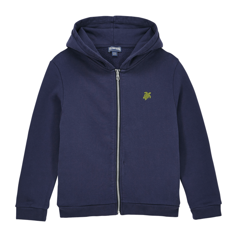 Boys Hooded Front Zip Sweatshirt Placed Embroidery Tortue Back - Sweater - Gato - Blue - Size 14 - Vilebrequin