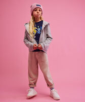 Felpa bambina con zip frontale Ikat Turtle Grigio viola vista frontale indossata