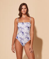 Bañador estilo bustier de una sola pieza con estampado Riviera para mujer Ink vista frontal desgastada