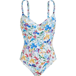 Women Halter One-piece Swimsuit Happy Flowers White front view