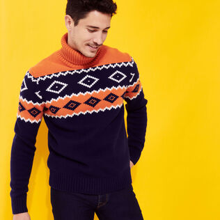 Men Wool Turtleneck Jacquard Sweater Navy front worn view