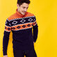 Men Wool Turtleneck Jacquard Sweater Navy front worn view