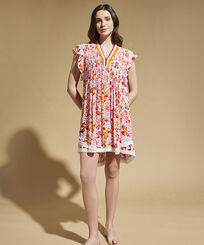 Women Mini Dress Iris Lace- Vilebrequin x Poupette St Barth Shocking pink front worn view
