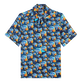 Piranhas Bowling-Hemd aus Leinen für Herren Marineblau Vorderansicht