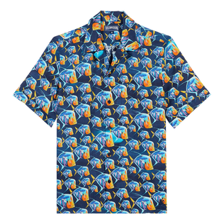 Camisa de bolos de lino con estampado Piranhas para hombre Azul marino vista frontal