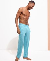 Unisex Linen Jersey Pants Solid Heather azure men front worn view