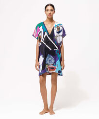 Vestito lungo donna in voile di cotone Envoûtement - Vilebrequin x Deux Femmes Noires Purple blue vista frontale indossata
