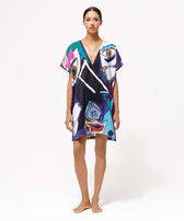 Envoûtement Maxikleid aus Baumwollvoile für Damen - Vilebrequin x Deux Femmes Noires Purple blue Vorderseite getragene Ansicht