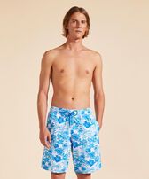 Men Long Stretch Swim Trunks Tahiti Flowers White front worn view