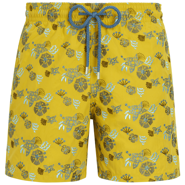 Men Swim Shorts Embroidered Flowers And Shells - Badeshorts - Mistral - Gelb
