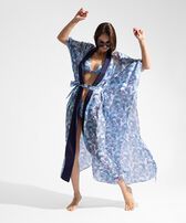 Women Silk Kimono Isadora Fish White 正面穿戴视图