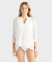Camicia donna in seta tinta unita Off white vista frontale indossata