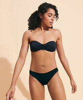 Women Midi brief Bikini Bottom Solid Black front worn view