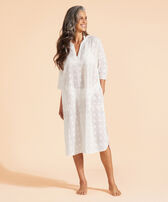 Caftano donna in cotone Broderies Anglaises Off white vista frontale indossata