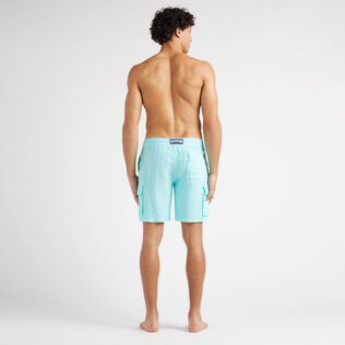 Men Linen Bermuda Shorts Cargo Pockets Lagoon back worn view