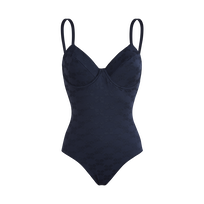 Women Underwire One-piece Swimsuit Turtle Monogram Jacquard Navy front view