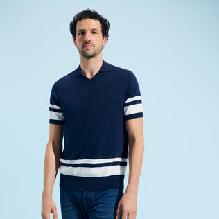 Zweifarbiges Poloshirt aus Baumwolle für Herren Marineblau Vorderseite getragene Ansicht