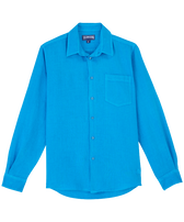 Camicia uomo in lino tinta unita Hawaii blue vista frontale