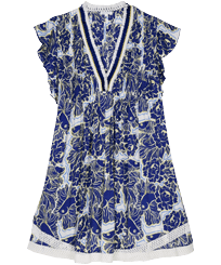 Women Mini Dress Hidden Fishes - Vilebrequin x Poupette St Barth Purple blue front view