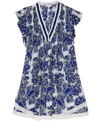 Vestido corto de mujer con estampado Hidden Fishes - Vilebrequin x Poupette St Barth Purple blue vista frontal