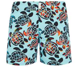 Men Flat Belt Stretch Swim Shorts Screen Turtles Lagoon front view