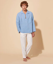 Men Linen Collared Pullover Shirt Mineral Dye Source front worn view