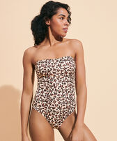 Women Bustier One-Piece Swimsuit Turtles Leopard Straw front worn view