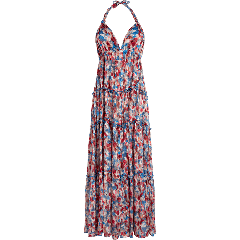 Vestido Largo En Viscosa Con Espalda Descubierta Y Estampado Flowers In The Sky Para Mujer - Vestido - Luna - Azul