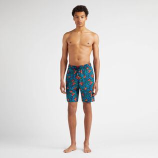 Men Stretch Long Swim Trunks Tropical Flowers Navy front worn view