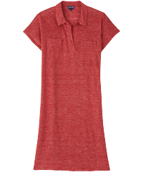 Women Linen Long Polo Dress Solid China red 正面图