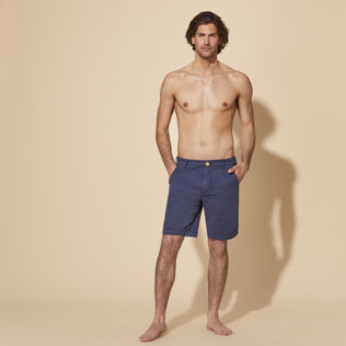 Men Tencel Cotton Bermuda Shorts Solid Navy front worn view