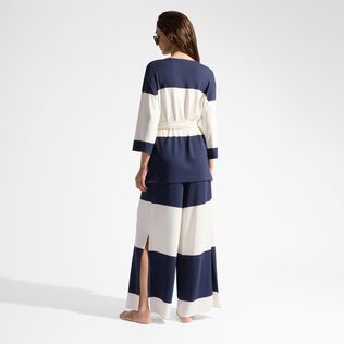 Women Viscose Jersey Striped Beachjama Top Navy back worn view