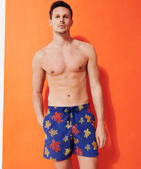 Men Embroidered Embroidered - Men Embroidered Swim Trunks Ronde Des Tortues - Limited Edition, Purple blue front worn view