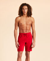 Unisex Terry Bermuda Shorts Solid Moulin rouge front worn view