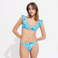 Women Halter Bikini Top Flowers Tie & Dye Marineblau Vorderseite getragene Ansicht