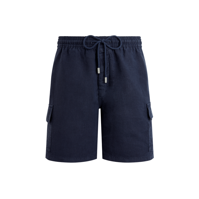 Men Linen Bermuda Shorts Cargo Pockets - Baie - Blue