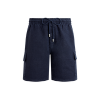 Men Linen Bermuda Shorts Cargo Pockets Navy front view