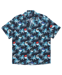 Men Printed Linen Bowling Shirt - Vilebrequin X Malbon Azul marino vista frontal desgastada