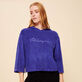 Women Terry Sweatshirt Solid Purple blue front worn view