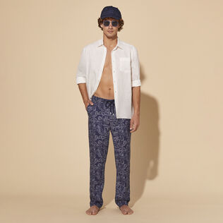 Pantalon en lin imprimé Poulpes Bicolores Bleu marine vue de détail 1