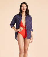 Camicia leggera in voile di cotone Micro Ronde Des Tortues Rainbow Blu marine donne vista indossata frontale