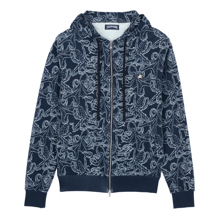 Men Full Zip Hooded Sweatshirt Poulpes Bicolores - Maronais - Blue - Size L - Vilebrequin