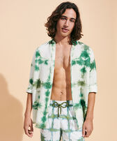 Men Linen Shirt Tie & Dye Emerald front worn view