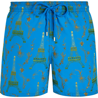 Men Swim Shorts Embroidered Poulpe Eiffel - Limited Edition Hawaii blue front view