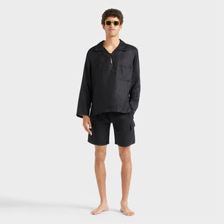 Men Linen Bermuda Shorts Cargo Pockets Black details view 1