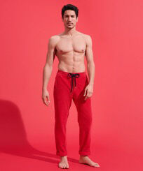 Men Velvet Elastic Waist Pants Red front worn view