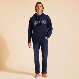 Solid Sweatshirt aus Baumwolle für Herren Marineblau Vorderseite getragene Ansicht