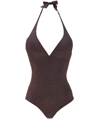 Women Halter One-Piece Swimsuit Changeant Shiny Burgundy front view